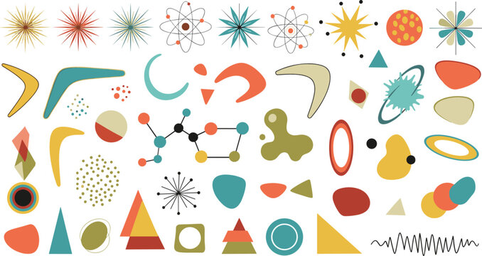 Abstract Mid Century Modern Shapes Collection with Atomic Stars Geometric Forms Retro Design Elements Vector Illustration