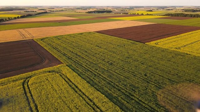 Aerial drone footage of expansive agricultural fields with patchwork crops and winding dirt roads during golden hour