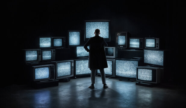 Man surrounded by retro televisions with static screens in dark control room. Concept of media influence, information noise, broadcast technology, signal interference and mass communication.