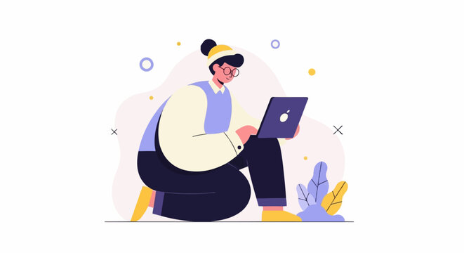 Person with laptop sits amongst abstract shapes and plants