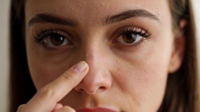 Macro close up female face touching nose blackhead skincare pore inspection beauty skin care routine concept