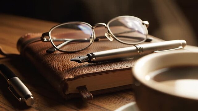 A dimly lit scene featuring glasses, a notebook and a pen on a surface, intimate close-up composition on a dark wooden desk with a subtle grain texture, warm low-key side lighting creating soft