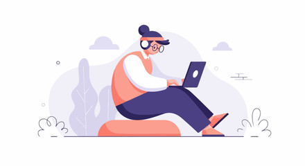 Obraz premium Person with headphones and glasses using a laptop while sitting on a cushion