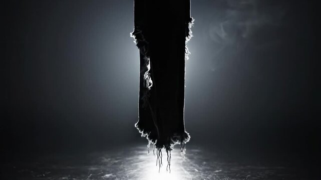 Piece of black torn denim suspended slightly above a dark studio floor in a conceptual scene, dramatic rim lighting outlining the jagged tear and individual strands, faint haze adding depth and