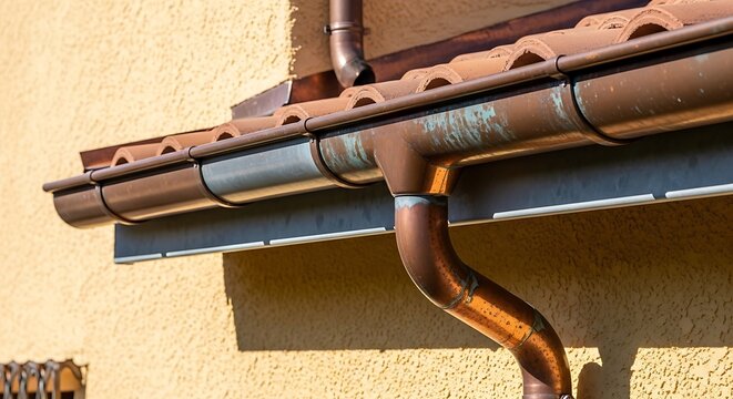 Close-up of a weathered copper rain gutter, roof tiles, and a yellow stucco wall