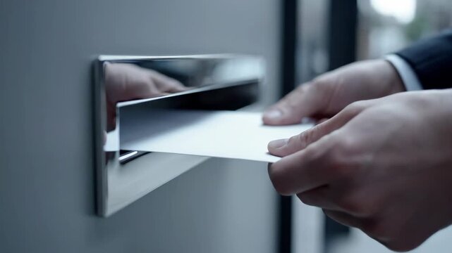 Video of Envelope entering modern mailbox slot highlighting postal service theme, office administration process and classic written communication for commercial stock use.