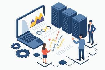 Fototapeta premium Team of professionals analyzing charts and graphs on a laptop and documents, surrounded by servers and gears. Flat design illustration for business, finance, and technology concepts.