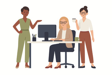 Obraz premium Diverse business team collaborating in office, one woman working at desk with computer, flat design vector illustration