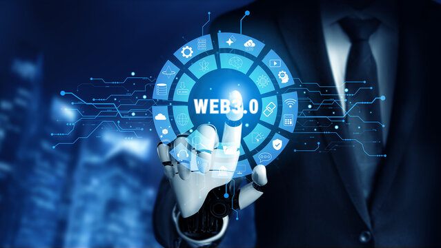 AI integration in the Web 3.0 technology ecosystem and its digital applications. An interface showcasing AI in the next generation internet. Motif