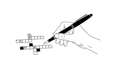 Hand with Fountain Pen and Crossword Puzzle Silhouette, Poetcore Aesthetic Vector Sticker, Analog Hobby and Mental Wellness Illustration