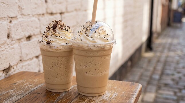 Two coffee frappes topped with whipped cream and chocolate sprinkles placed on a wooden table against a textured white brick wall in a cobblestone alley