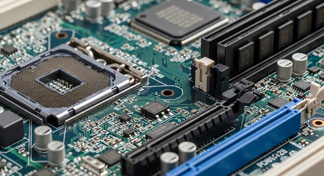 Close-up macro shot of a computer motherboard with integrated circuits and electronic components, showcasing the intricate details of modern technology and hardware