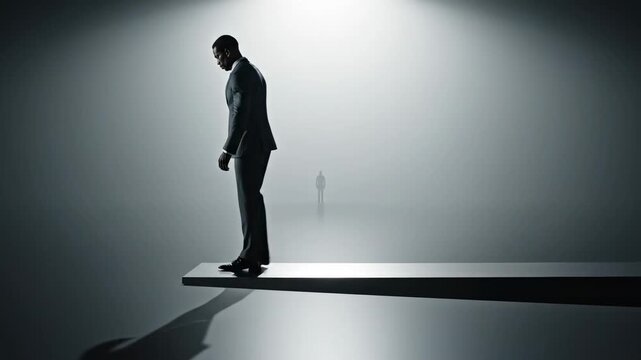 Video of balance and calculated risk visualization featuring solitary figure on narrow platform edge, career growth and ambition concept for motivational media with a small unidentifiable human