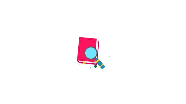 Animated illustration of a red book being examined with a magnifying glass on a white background