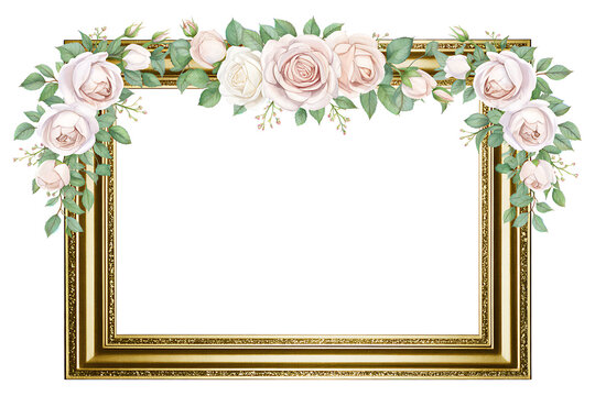 Elegant gold picture frame with floral design and pink roses isolated on transparent background for wedding or event decoration