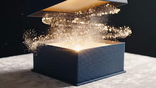 Video of Gift Box Opening &ndash; Lid lift motion, surprise reveal concept crafted for holiday marketing, celebration branding and promotional campaigns with elegant packaging and anticipation theme;