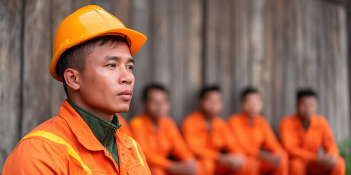 focused worker in an orange safety uniform and helmet looks ahead, with four blurred colleagues in similar attire seated behind him.