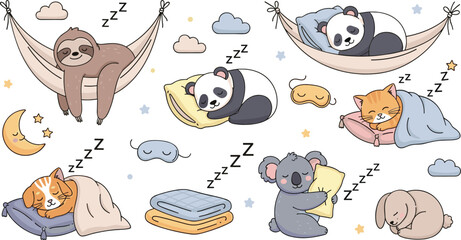 Fototapeta premium Cute Sleeping Animals Set with Panda Sloth Cat Koala Bunny Hammock Dreams Cartoon Vector Illustration