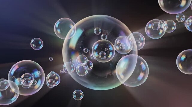 Video of abstract floating bubbles with rainbow reflections inspired by bubble machine effect, dreamy light play and modern party visual for branding and social media content.
