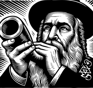 Orthodox Jewish man blowing the Shofar horn, spiritual ritual illustration. Rabbi with beard and hat performing religious ceremony, woodcut style. Jewish New Year Rosh Hashanah concept, traditional ho