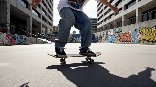 Video of skateboard performing kickflip over concrete plaza, urban street sport energy, creative city lifestyle branding background.