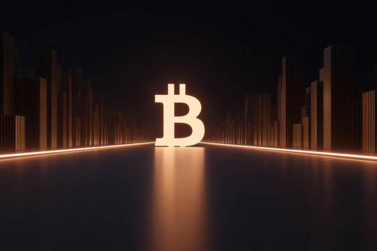 Cryptocurrency finance background - Glowing Bitcoin symbol in futuristic 3D cityscape for fintech and blockchain marketing