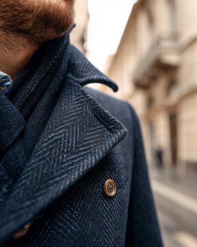 Close-up of a perfectly tailored navy blue wool coat on a person.