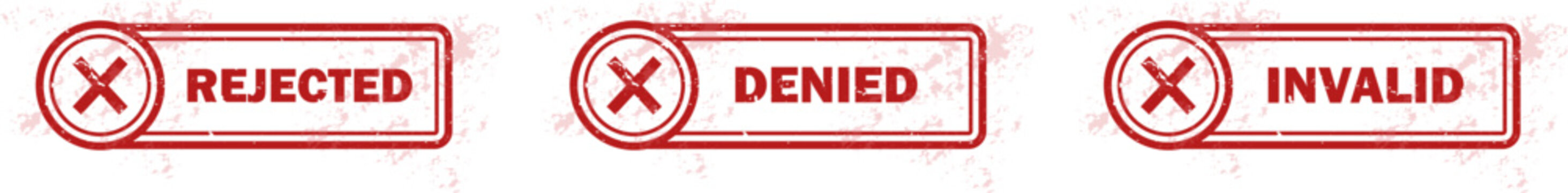 Rejected, Denied and Invalid Rubber Stamp Set &ndash; Red Rejection Status Badges for Documents, Applications, Security Access, Financial Requests and Business Administration. Transparent Grunge Effect.