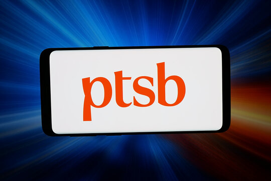 Stuttgart, Germany - 03-13-2026: In this photo illustration, the logo of Permanent TSB Group Holdings plc (PTSB) is displayed on a smartphone in front of abstract background on computer screen.