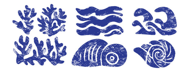 Blue seashell and coral vector set in linocut style. Nautical marine collection with ocean waves, seaweed and nautilus shell. Decorative crosshatch engraving and stamp texture for summer design © Maria Petrish