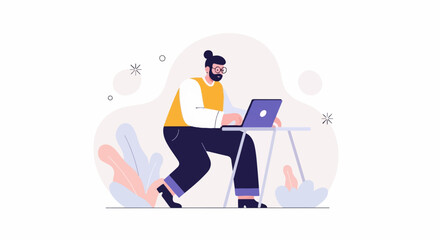 Obraz premium Stylized figure using a laptop computer while surrounded by abstract plant shapes