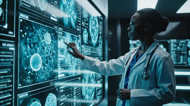 Doctor Reviewing Lab Results \'96 healthcare analytics and diagnostics in a high-tech hospital environment, side-angle composition showing a standing figure in a white coat silhouetted against a