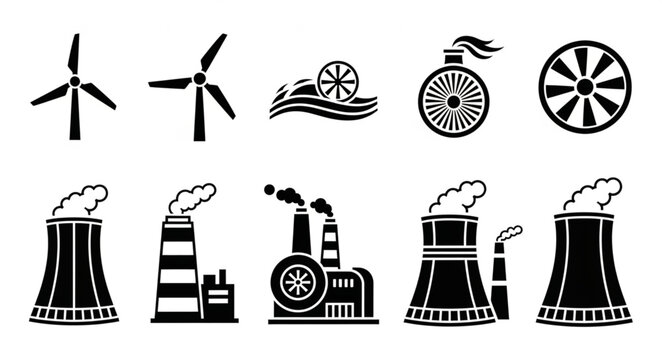Renewable and Non-Renewable Energy Sources - Wind, Water, and Industrial Power Plants.