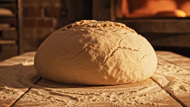 This video presents bread fermentation process with rising dough and subtle oven warmth, artisan bakery production concept and organic food preparation theme for modern culinary marketing visuals.