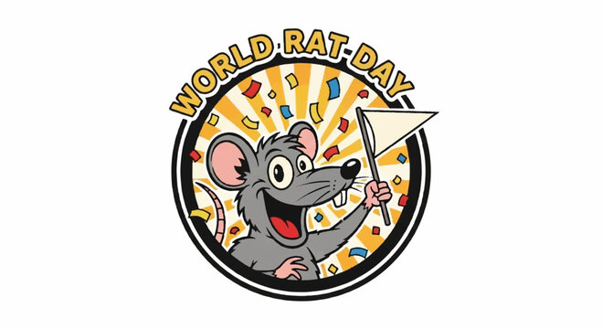 Cartoon rat holding megaphone in circle with confetti world rat day celebration symbol