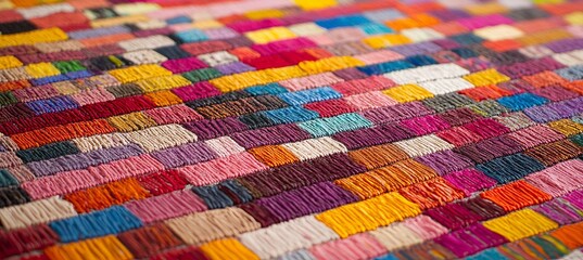 Colorful Textile Art Pattern Featuring a Vibrant Patchwork of Interwoven Threads and Textures