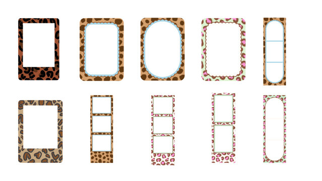 Trendy frame leopard print icon set with cute fashion elements for sticker, logo, branding, textile, and social media design. Stylish vector illustration collection isolated on white background.