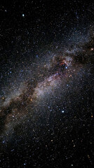 Fototapeta premium Vertical cinematic image of a dense and vibrant starfield in deep outer space. Countless glowing stars and distant galaxies scattered across a deep black astronomical background with cosmic dust.