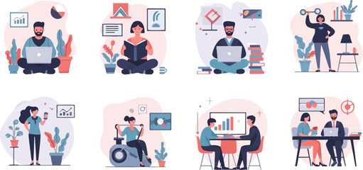 Fototapeta premium Diverse individuals engaged in work, learning, fitness, and meetings