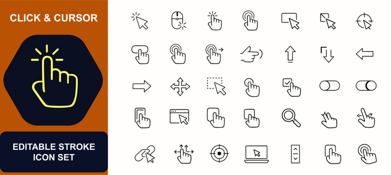 Click and cursor web icons in line style. Pointer navigation, mouse tap, finger gesture, button press, arrow select, UI control, touchscreen set. Editable stroke. Vector illustration.