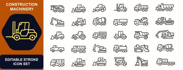 Fototapeta na wymiar Construction machinery web icons in line style. Crane truck, bulldozer, loader, forklift, dump lorry, road grader, concrete mixer, cargo transport set. Editable stroke. Vector illustration.