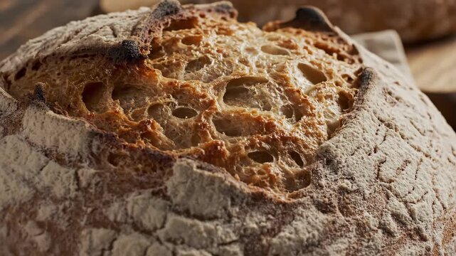 Video of artisanal sourdough bread crust in macro detail with dramatic crack lines, gourmet baking concept for farm-to-table promotion and rustic kitchen visuals, textured crust surface revealing