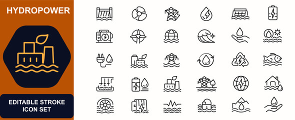 Fototapeta premium Hydropower web icons in line style. Dam turbine, renewable electricity, eco generator, clean energy, environmental technology. Editable stroke. Vector illustration.