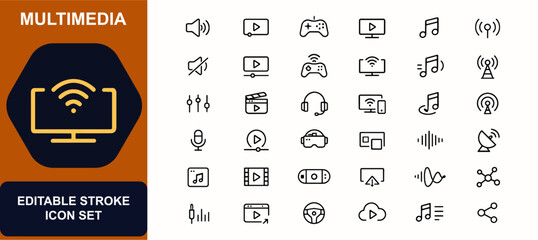Fototapeta premium Multimedia web icons in line style. Audio speaker, video player, game controller, streaming screen, music note, broadcast signal. Editable stroke. Vector illustration.