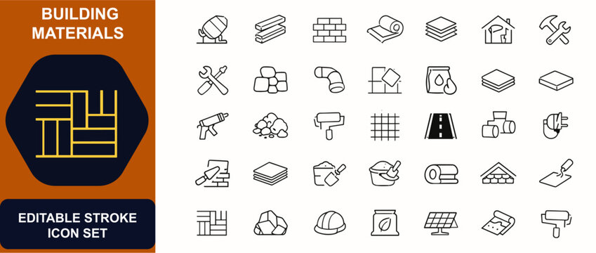 Building materials web icons in line style. Concrete, timber, brick, insulation, metal, renovation, tools, stone, pipe, tile, cement, board. Editable stroke. Vector illustration.