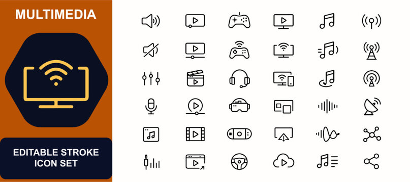 Multimedia web icons in line style. Audio speaker, video player, game controller, streaming screen, music note, broadcast signal. Editable stroke. Vector illustration.
