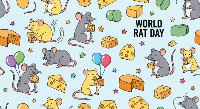 Colorful cartoon rats and mice with cheese and balloons on world rat day celebrating rodents and friendship with vibrant illustrations