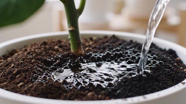 Video of minimalist indoor plant watering scene with elegant water stream motion, contemporary home decor and botanical care concept.