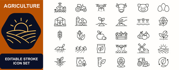 Agriculture web icons in line style. Smart farming, livestock, gardening, seeding, tractor, drone, crops, harvest, soil, organic, rural. Editable stroke. Vector illustration. © Vintage studio