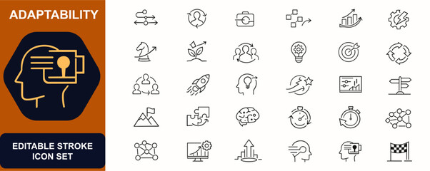Adaptability web icons in line style. Leadership skill, agile mindset, business change, strategy growth, teamwork process, innovation chart. Editable stroke. Vector illustration. © Vintage studio